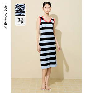 马天奴浅蓝色条纹针织裙无袖圆领连衣裙时尚气质女装时尚休闲裙子