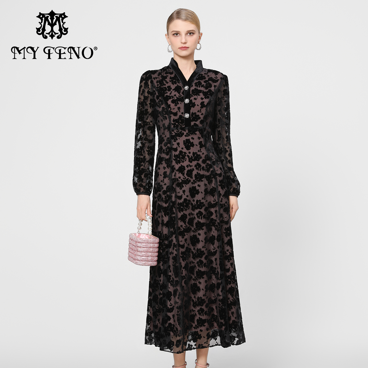 马天奴黑色长袖烧花丝绒连衣裙