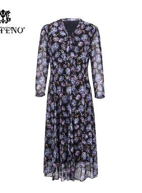 马天奴夏季女装黑色印花连衣裙子收腰飘带领法式气质时尚流行百搭