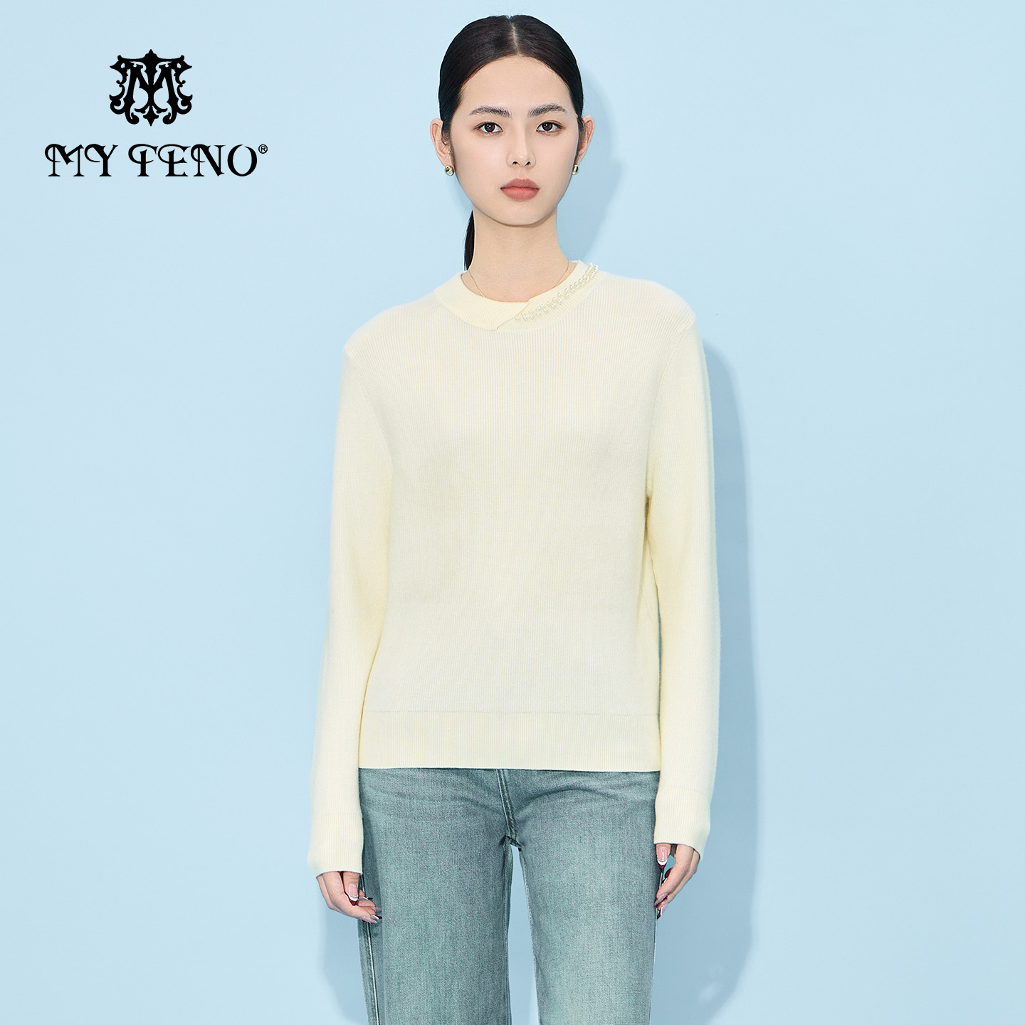 马天奴纯色钉珠圆领长袖针织衫