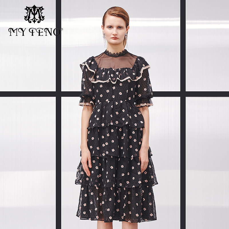 马天奴黑色印花波点连衣裙