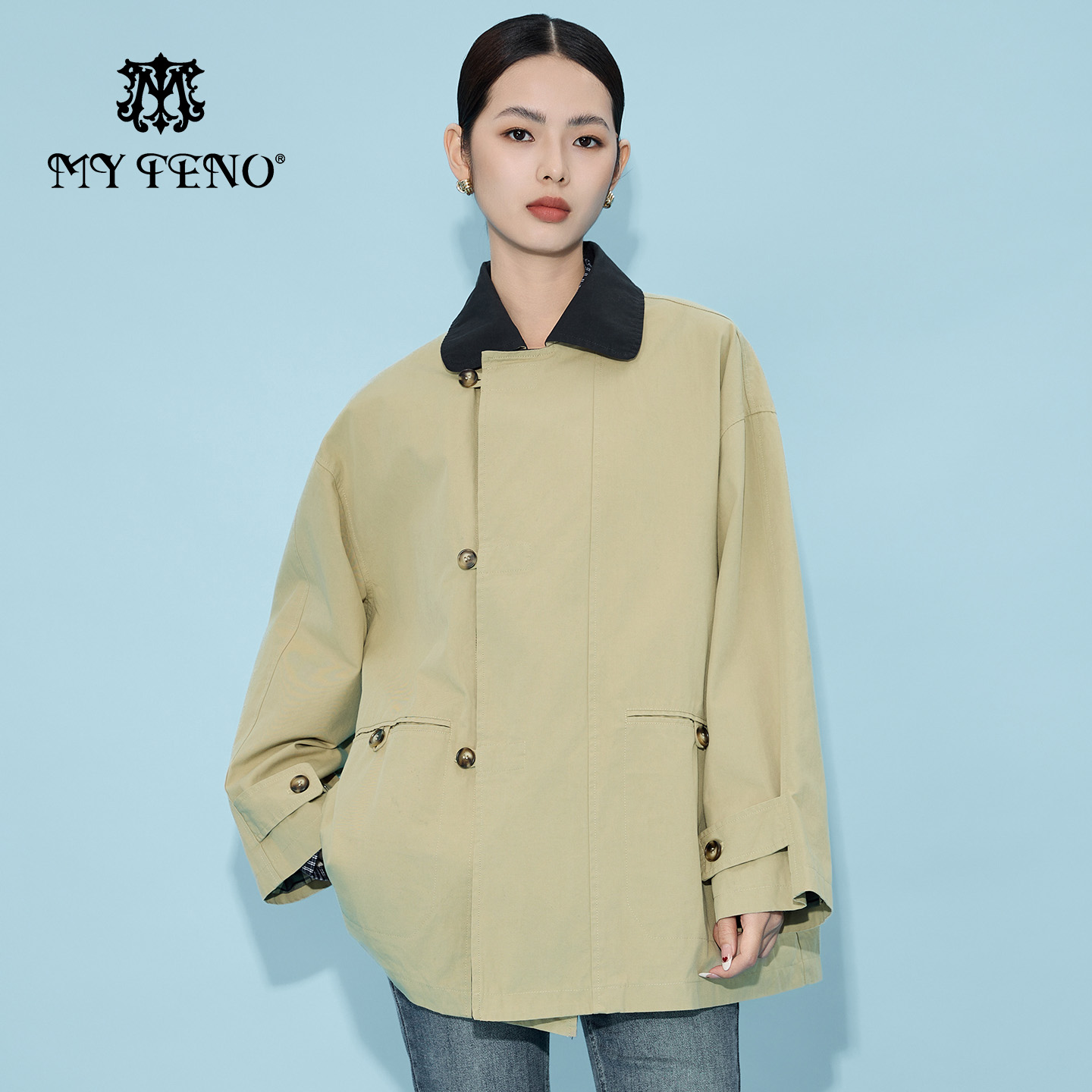 马天奴卡其撞色翻领廓形棉外套