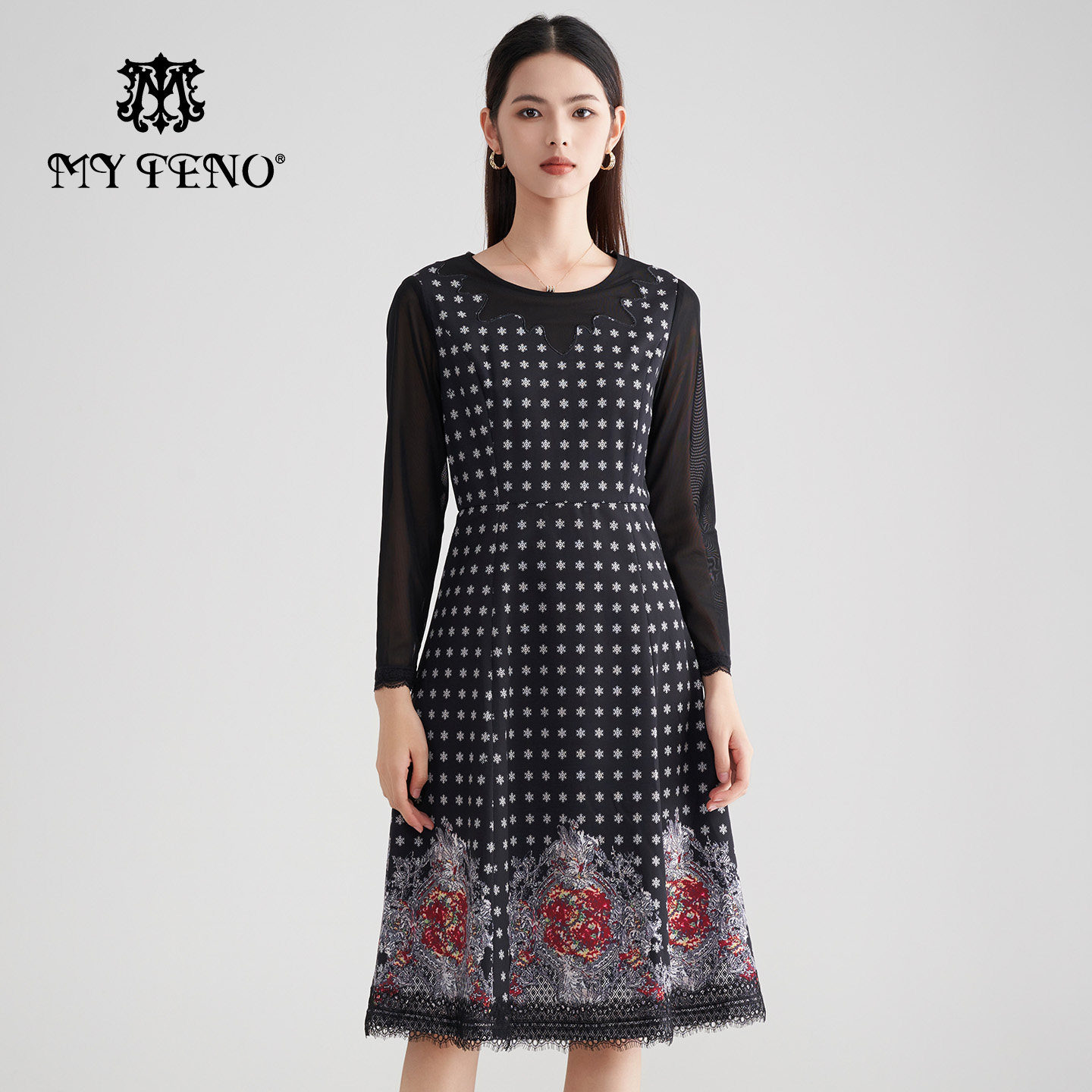 马天奴春夏女黑色印花圆领长袖收腰连衣裙子花边气质复古法式时尚
