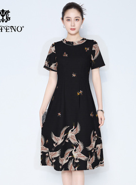 马天奴春夏新款黑色印花连衣裙子新中式国风圆领短袖收腰气质女