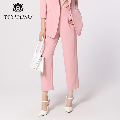 马天奴粉色醋纤直筒西裤