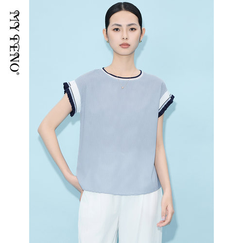 马天奴蓝色时尚圆领短袖针织衫