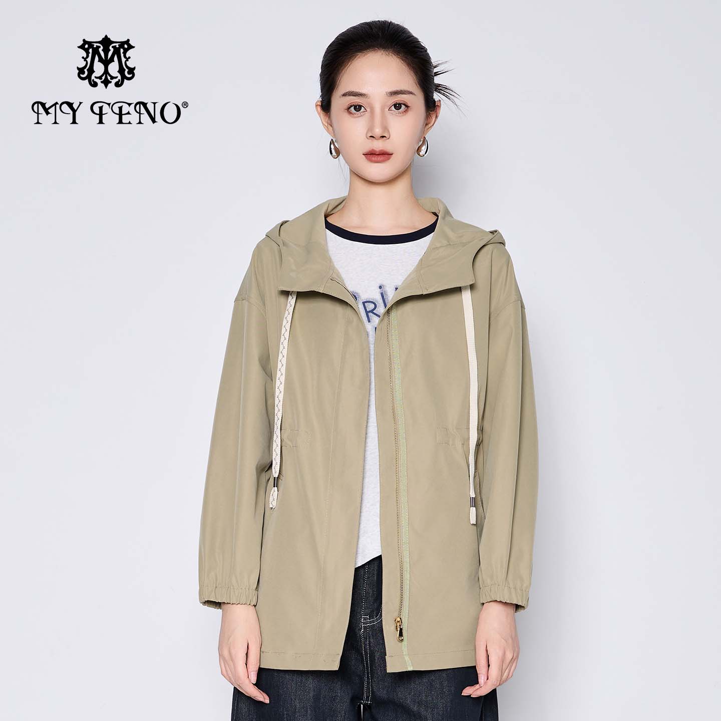 马天奴松茶连帽宽松风衣外套