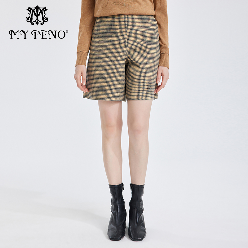 黄色格纹短裤2022绵羊毛秋冬新款