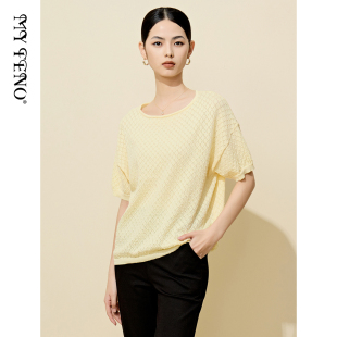 针织衫 马天奴女装 春秋款 圆领提花泡泡袖 上衣 奶黄色毛衫