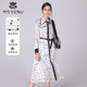 专柜正品 时尚 马天奴秋冬新款 黑白印花翻领雪纺连衣裙子长袖