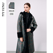 绿色印花连帽金貂绒大衣长款 马天奴女装 秋冬新款 高级感保暖外套