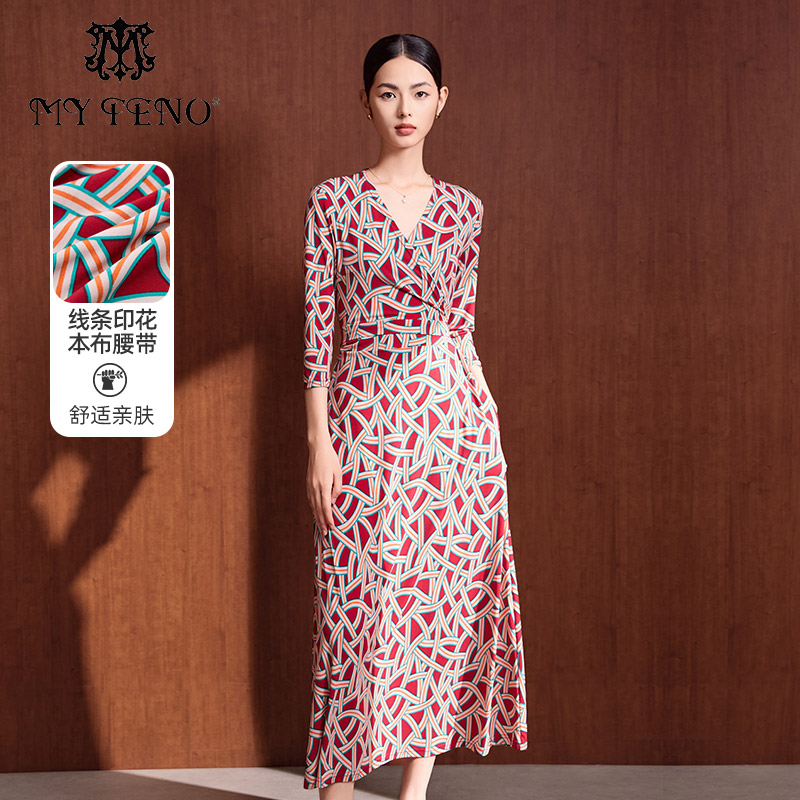 马天奴款红色V领印花连衣裙