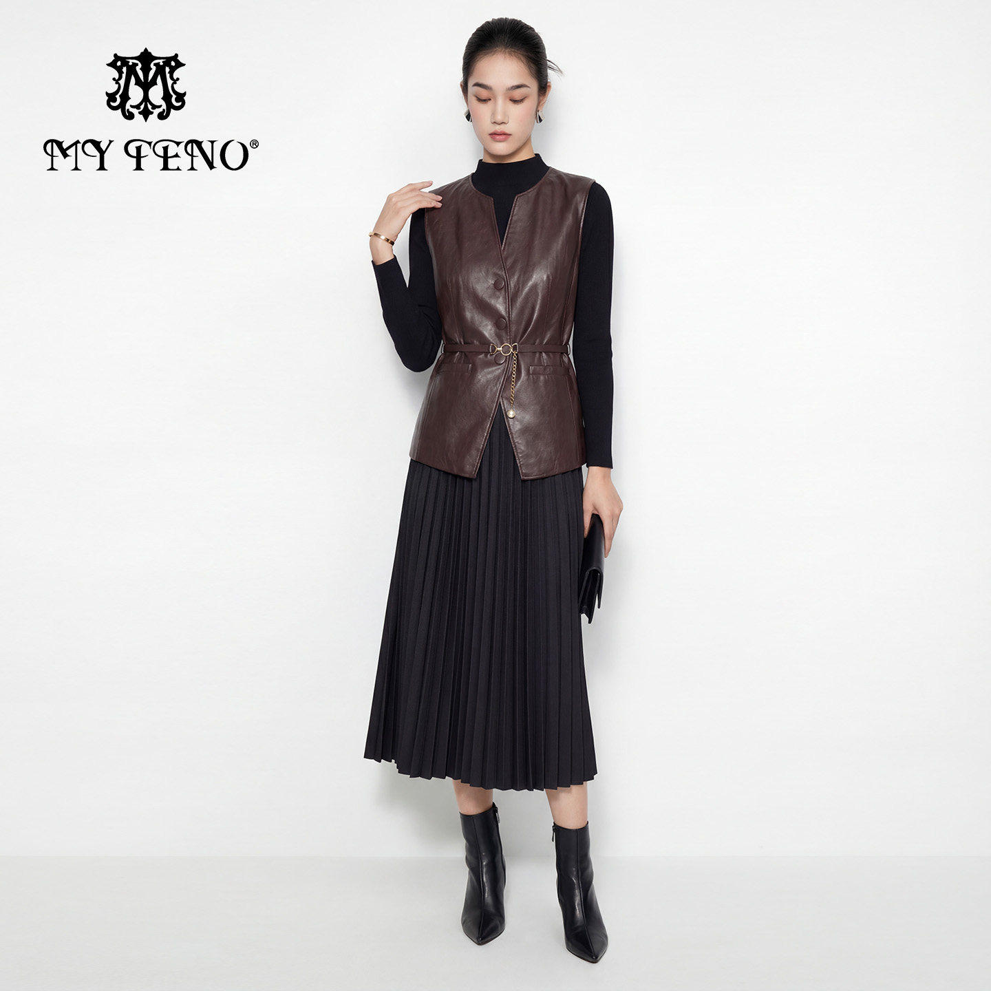 马天奴2026春夏新款收腰马甲半高领压褶长袖连衣裙子两件套装女装