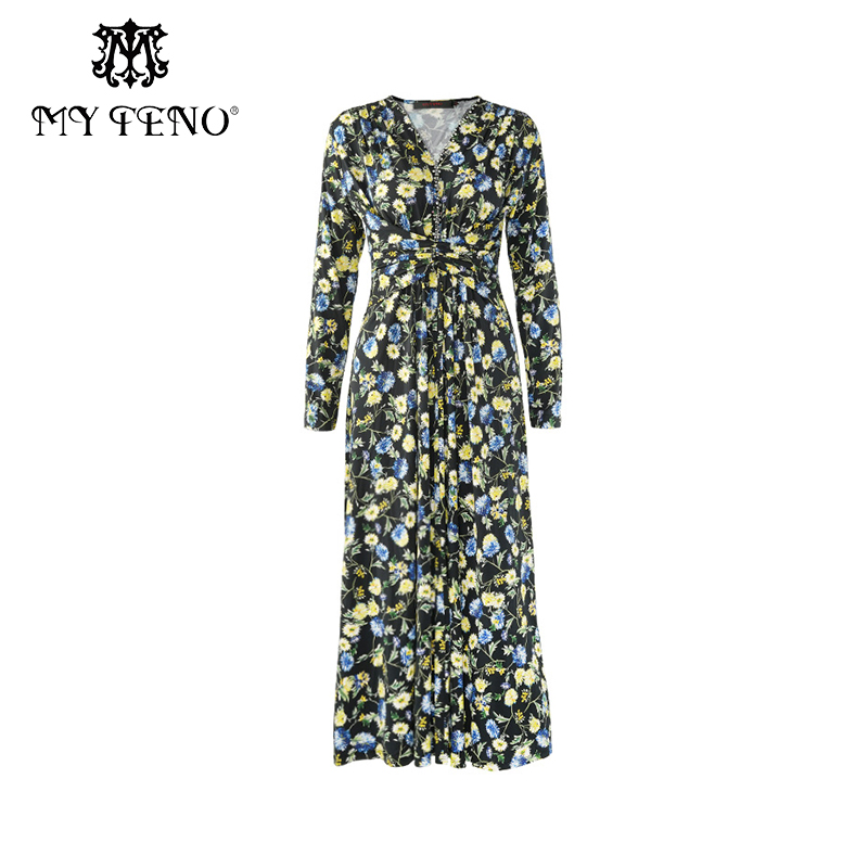 马天奴春秋新款黑色V领印花连衣裙高腰坠感复古气质度假风长裙