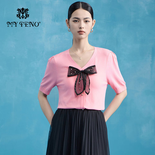 马天奴粉色短袖蝴蝶结针织开衫