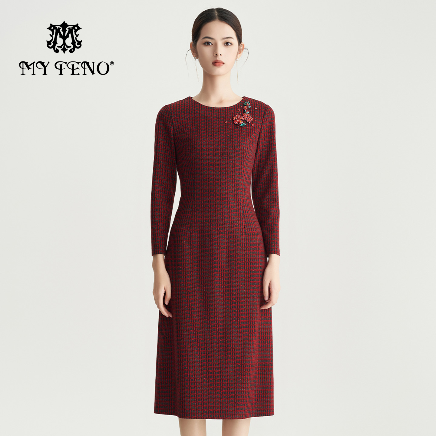 马天奴红色格纹钉珠收腰连衣裙