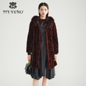 新款 马天奴冬季 康红色毛领连帽皮草大衣保暖外套 水貂毛皮