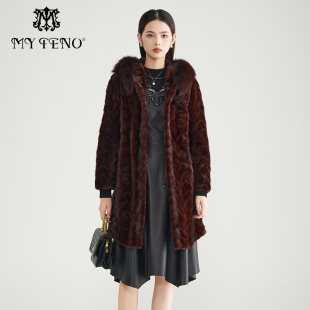 新款 马天奴冬季 康红色毛领连帽皮草大衣保暖外套 水貂毛皮