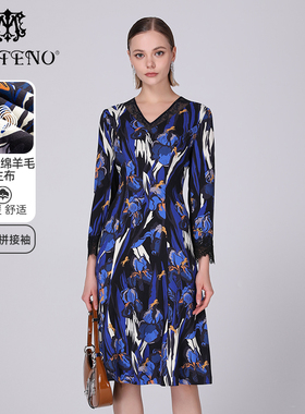 马天奴秋冬秋冬100%绵羊毛印花连衣裙气质流行裙子长裙MCA545DR0