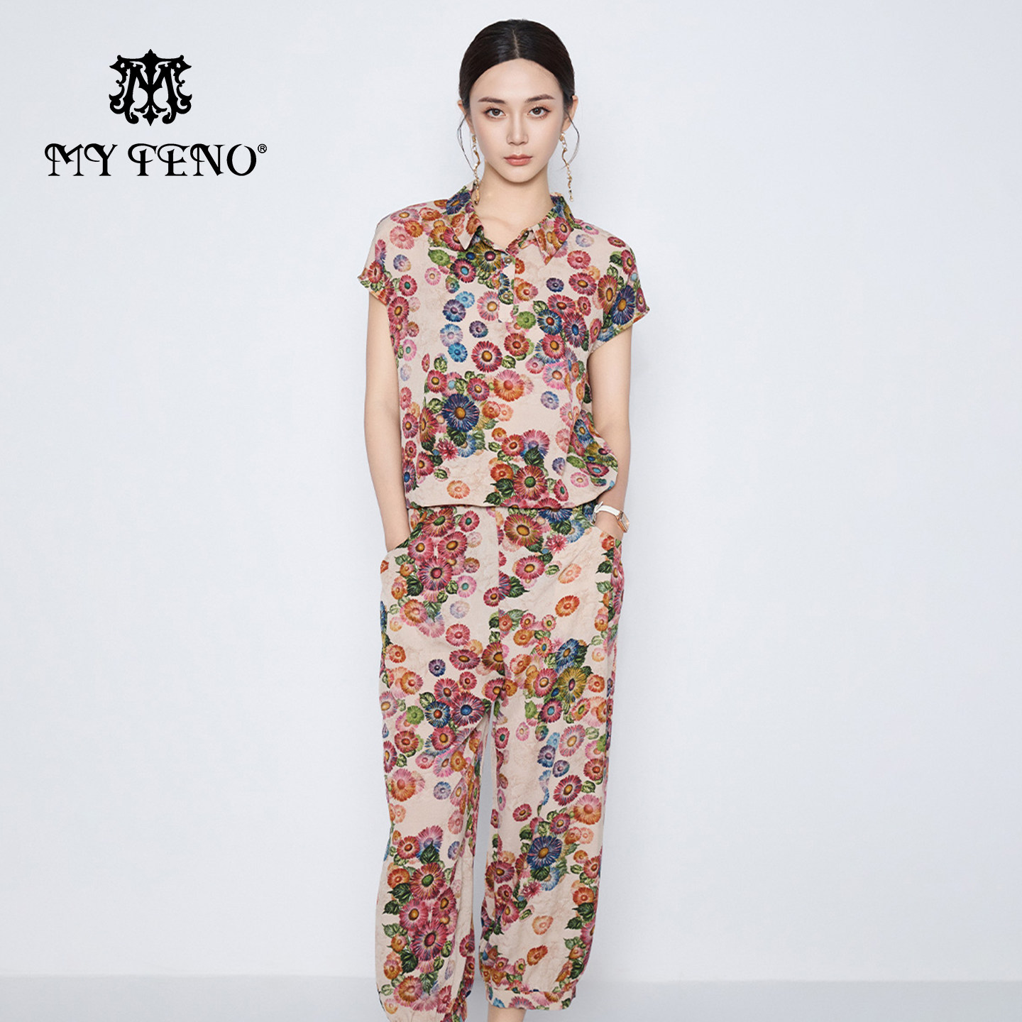 马天奴春夏新款米色印花翻领短袖衬衫上衣宽松休闲裤子两件套装女