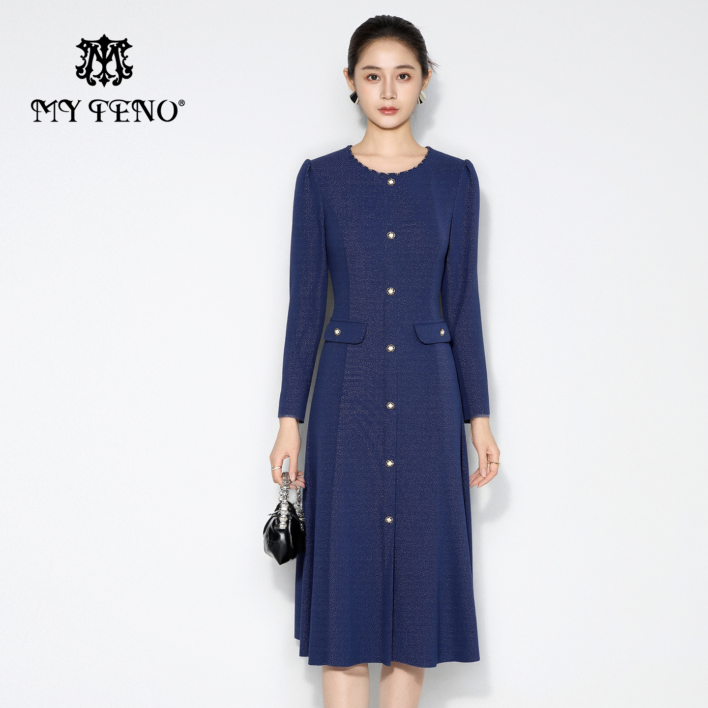 马天奴圆领长袖收腰闪葱连衣裙