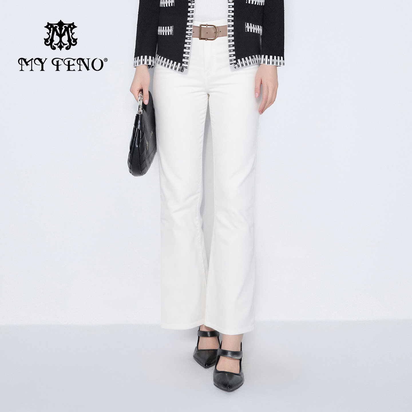 马天奴2025春夏新款白色棉混莱赛尔小脚修身休闲裤子长裤含腰带女