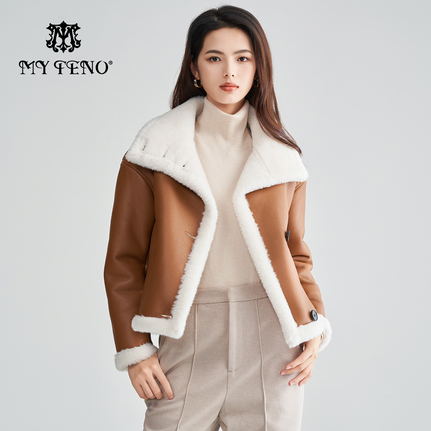 马天奴纯色立领短款防皮草外套