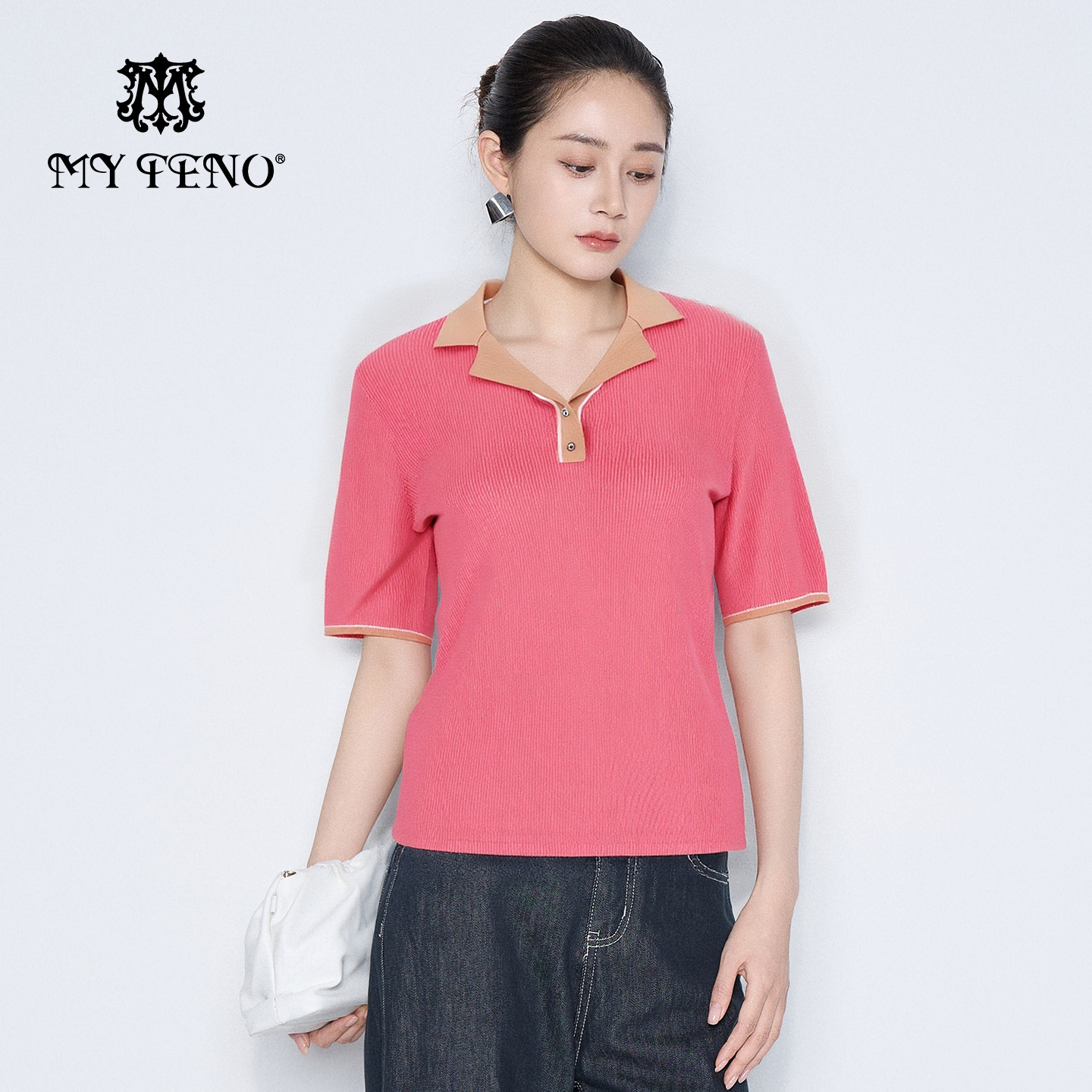 马天奴玫红莱赛尔翻领针织上衣