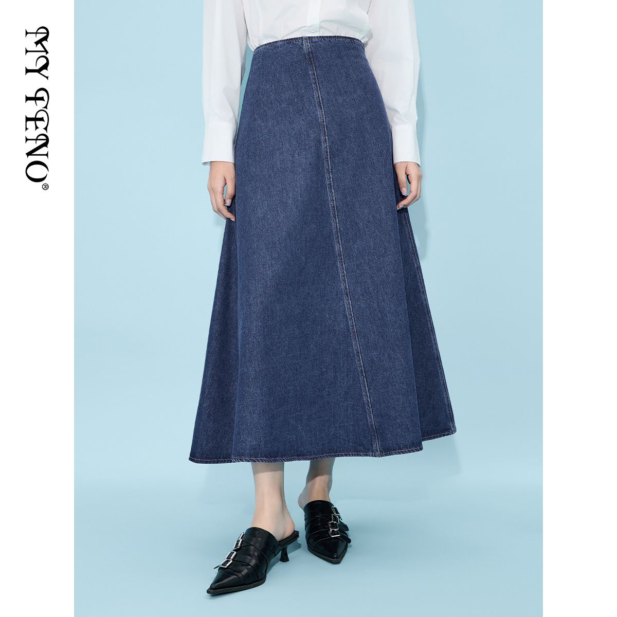 马天奴蓝色棉质高腰牛仔半身裙