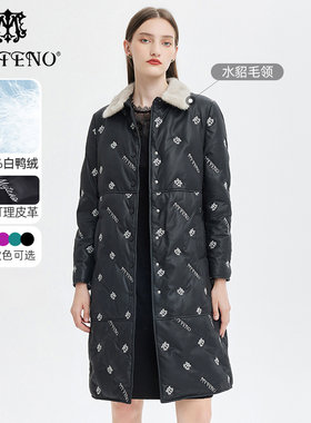马天奴黑色绵羊皮水貂毛领羽绒服