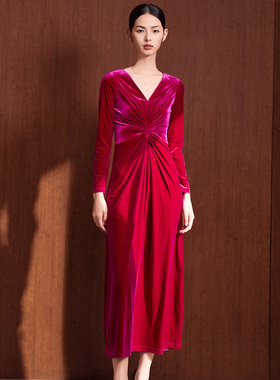 WP天奴女装春夏新款红色V领丝绒连衣裙收腰高级长裙宴会礼服裙子