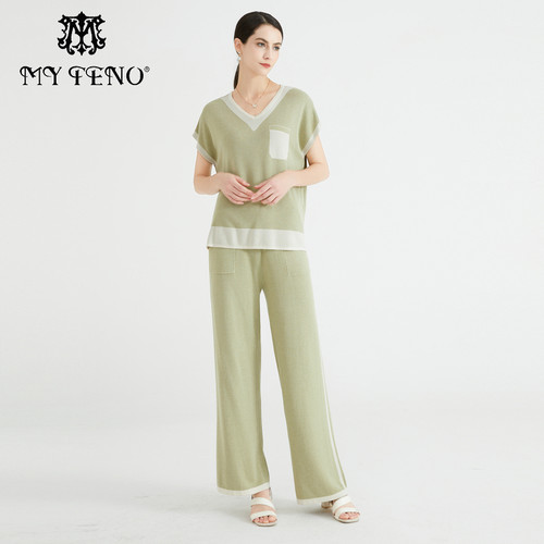 马天奴短袖针织衫阔腿裤套装