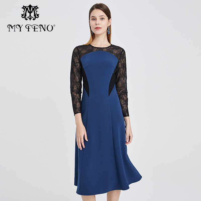 马天奴黑色蕾丝圆领收腰连衣裙