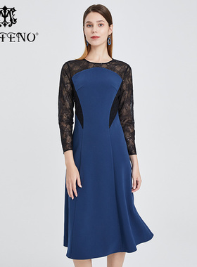 马天奴女装春秋黑色蕾丝圆领收腰深蓝色伞摆中长款连衣裙子时尚