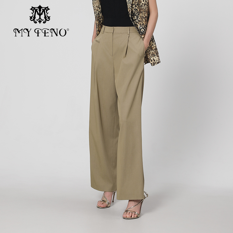 马天奴咖色天丝高腰宽松阔腿裤