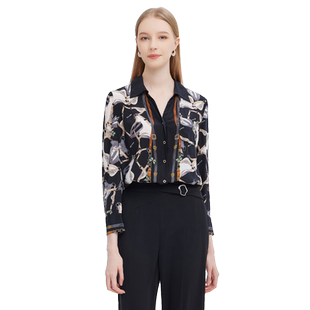 商场同款马天奴女装早春新品翻领桑蚕丝印花衬衫上衣衬衣休闲时尚