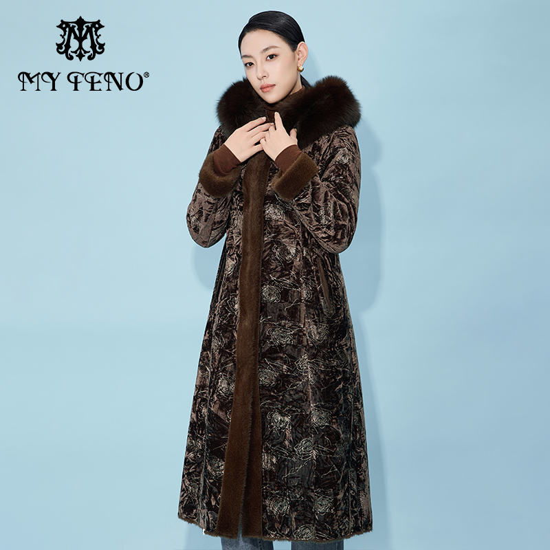 马天奴狐狸毛领连帽长款大衣