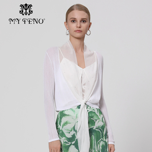 专柜正品马天奴夏季白色拼接针织开衫烫钻绑带上衣毛衫女装