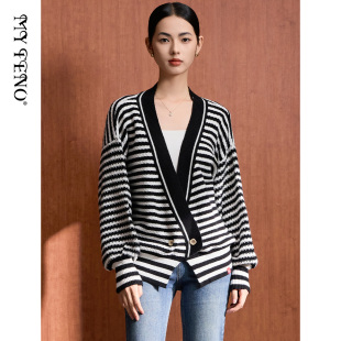 马天奴女装黑色条纹提花针织开衫大V领宽松毛衫上衣时尚百搭气质
