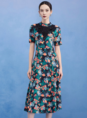 马天奴女装夏季新款绿色立领印花连衣裙凉感牛奶丝长裙短袖裙子