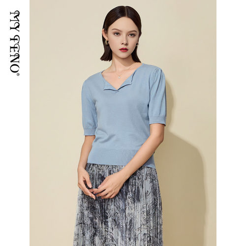 马天奴雾蓝色莱赛尔短袖针织衫