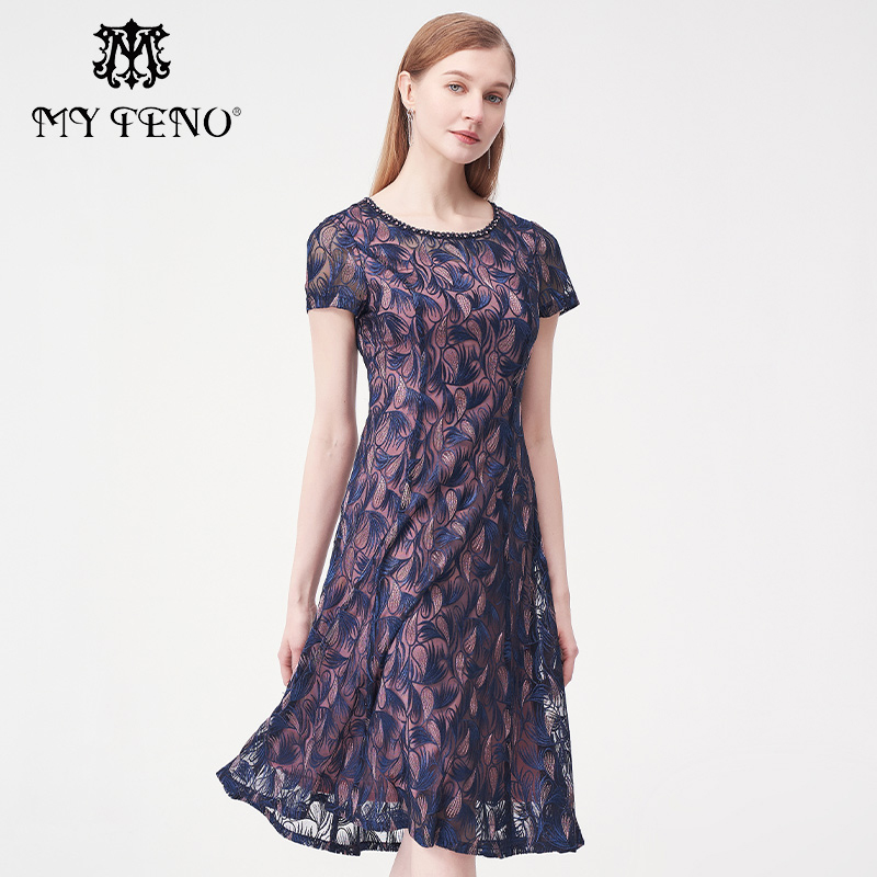 马天奴藏蓝绣花钉钻收腰连衣裙