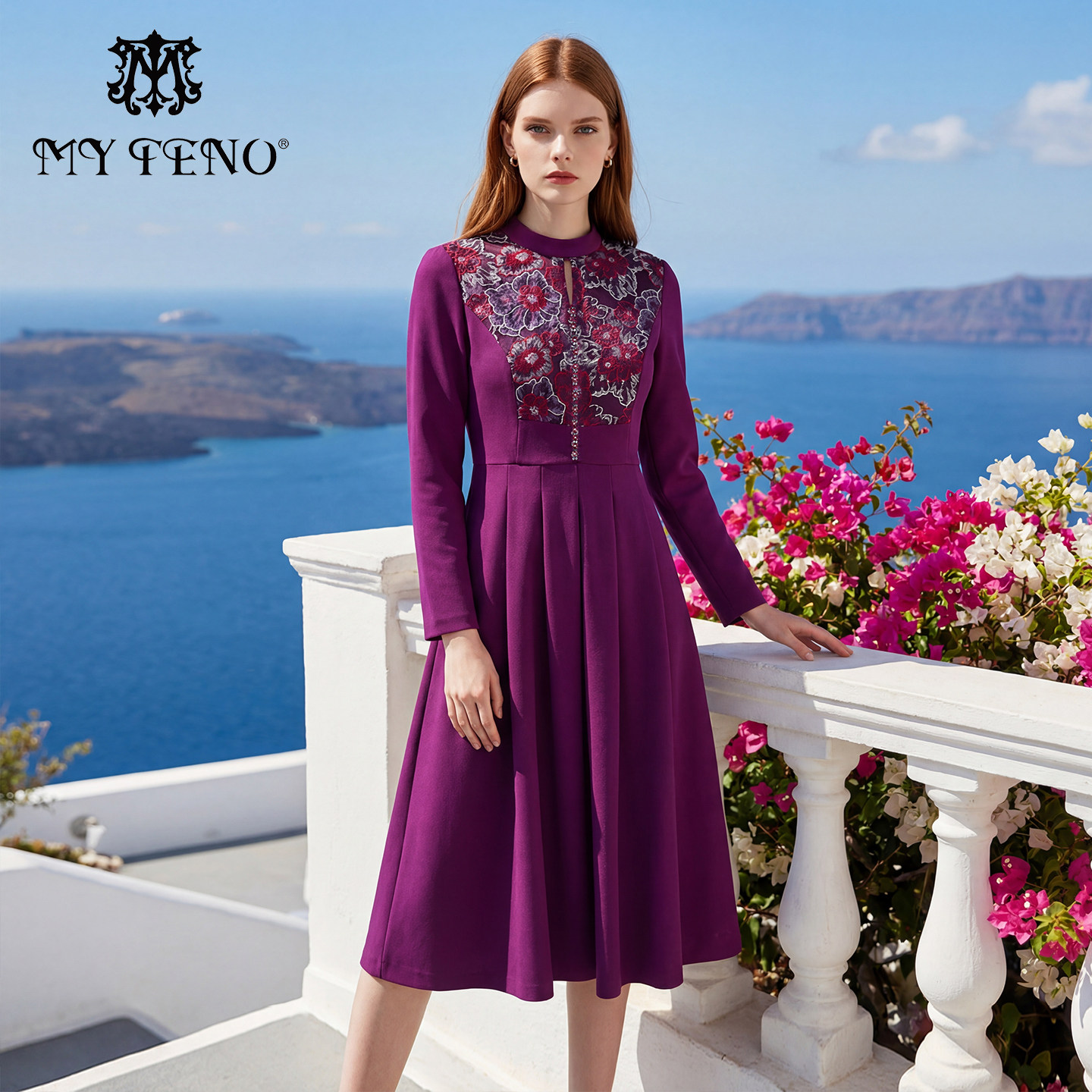 马天奴2025秋冬新款玫红色绣花连衣裙子镂空领收腰长袖气质复古女