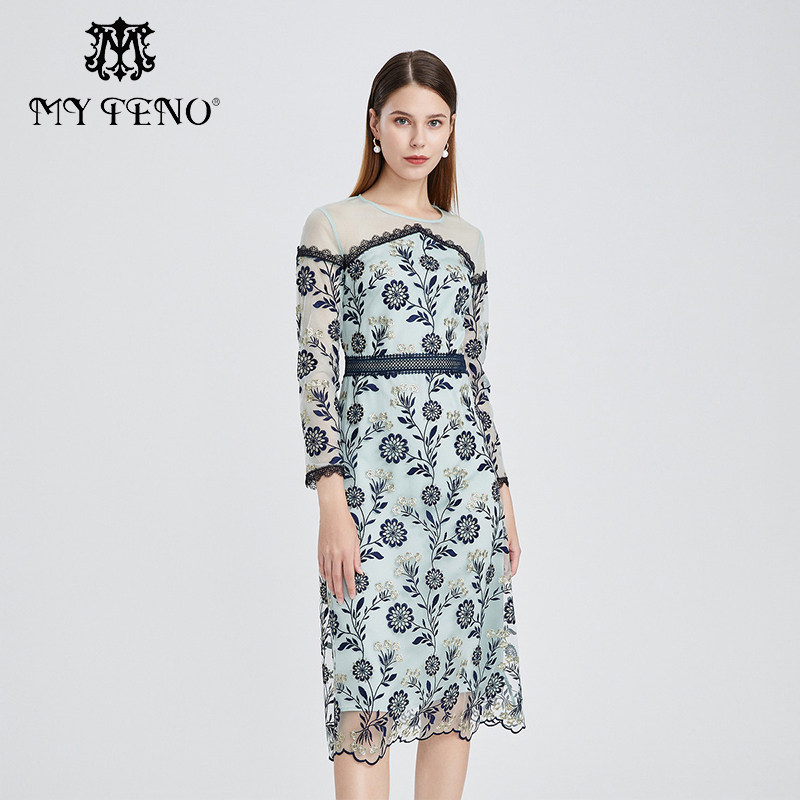 马天奴春秋新款女装蓝色刺绣网纱连衣裙子圆领长袖收腰时尚气质,女装/女士精品,连衣裙,淘宝优惠券,粉丝福利购,淘宝优惠卷