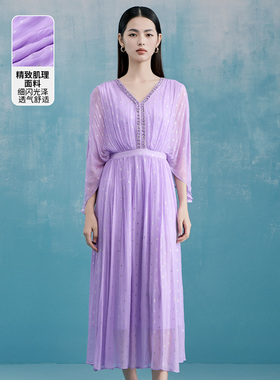 马天奴春夏新款女装紫色钉珠V领荷叶袖收腰连衣裙子长裙气质度假