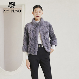 皮草外套七分袖 灰色立领短款 马天奴秋冬新品 气质保暖 水貂毛皮