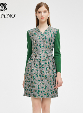 专柜正品马天奴秋冬秋冬灰色波点V领收腰连衣裙子气质MRA826DRB0