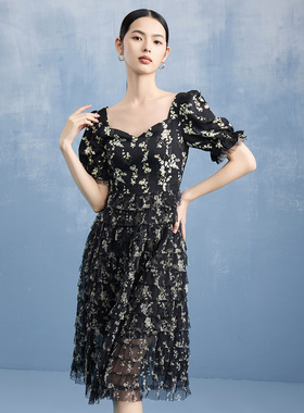 马天奴黑色印花连衣裙子桃心领短袖蛋糕裙度假长裙春夏新款时尚女