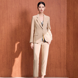 马天奴春夏新款女卡其修身西装西服外套直筒西裤两件套装通勤时尚