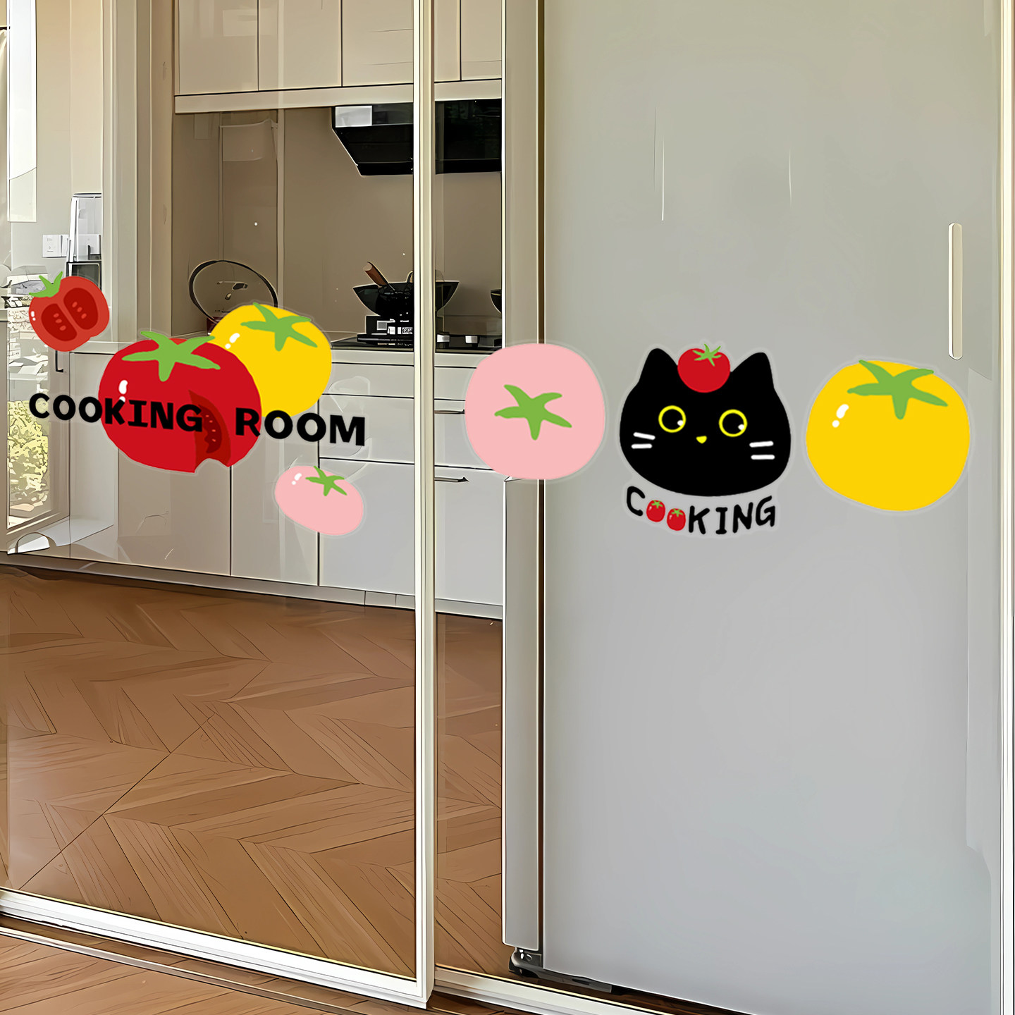 番茄黑猫咪厨房玻璃推拉门贴纸防撞无胶可爱动物装饰静电卡通贴画